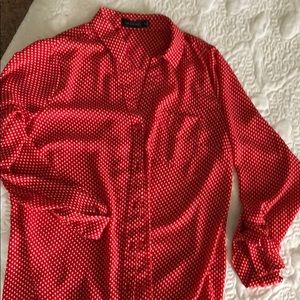 Red and white polka dot button down
